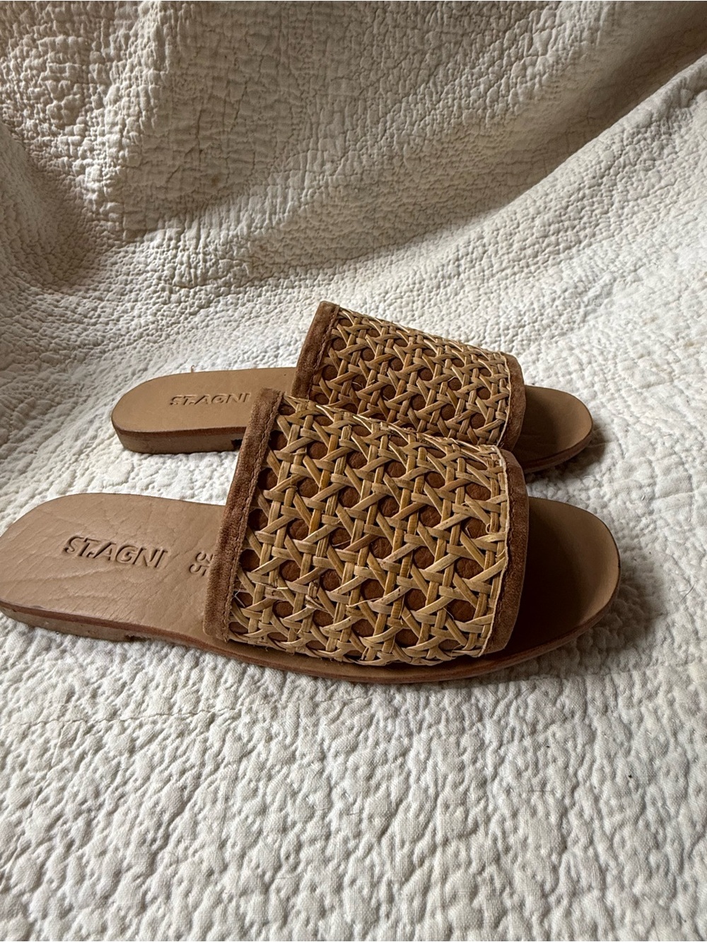 St. Agni Woven Leather Slide Sandals Tan Natural Size 35